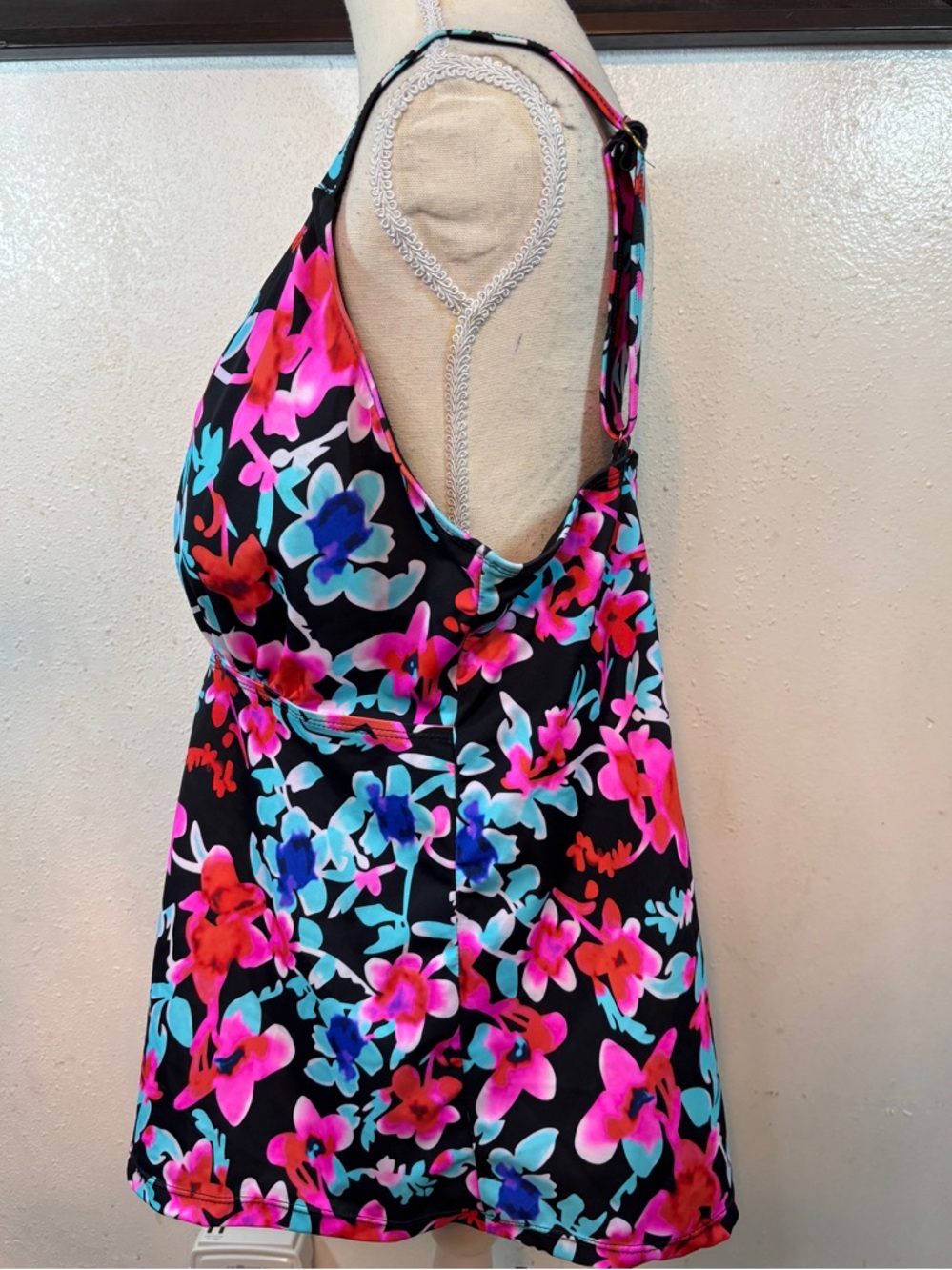 Black Floral Women’s Tankini Swim Top - Pink & Blue Flowers - Picture 3 of 8